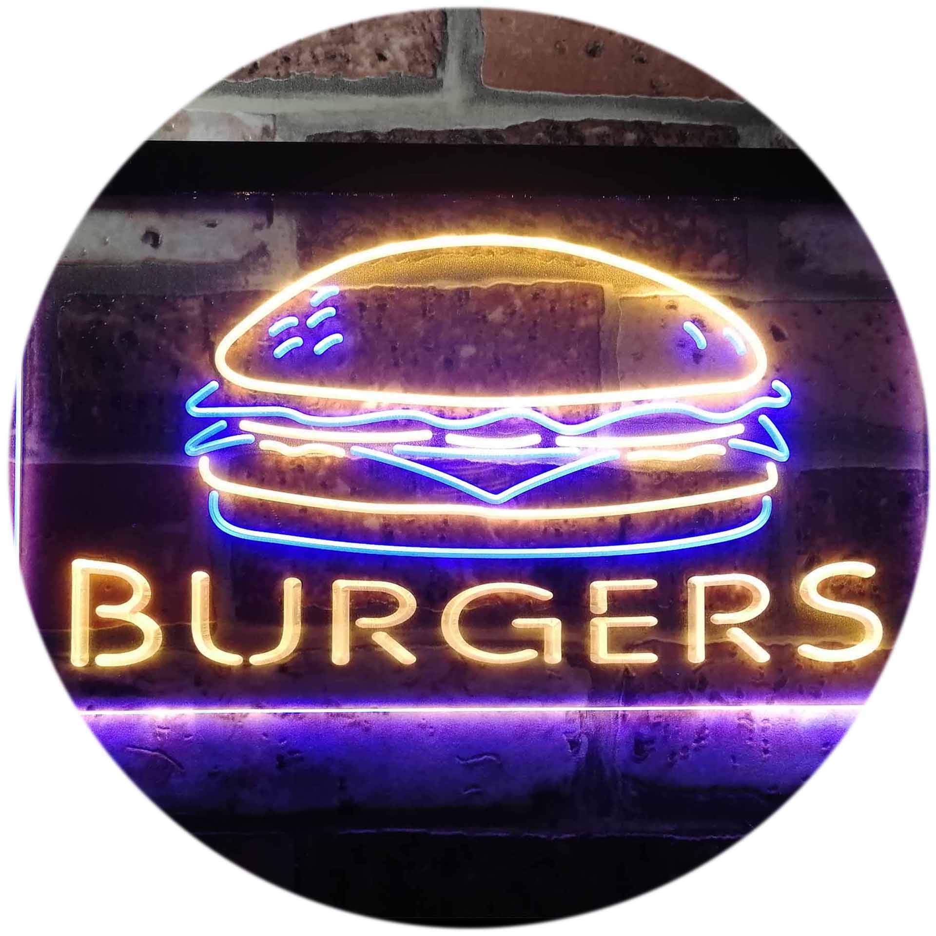 Hamburgers Burgers Fast Food Shop Open Dual Color LED Neon Sign Blue & Yellow 600 x 400mm st6s64-i3149-by