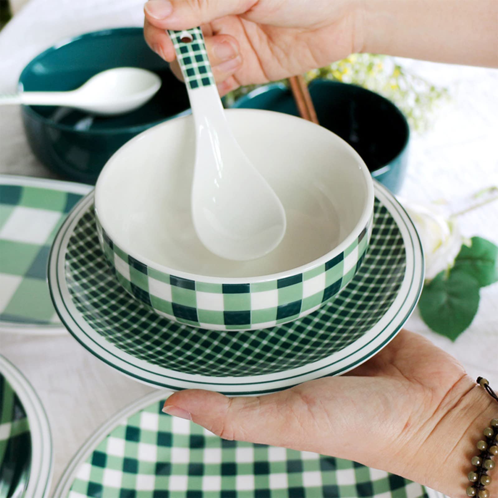 Ensembles d'assiettes et de bols en porcelaine, ensembles de vaisselle 24 pièces, bol à salade, ensemble combiné de vaisselle | Plats de service en céramique pour le service de fête à carreaux des fêt