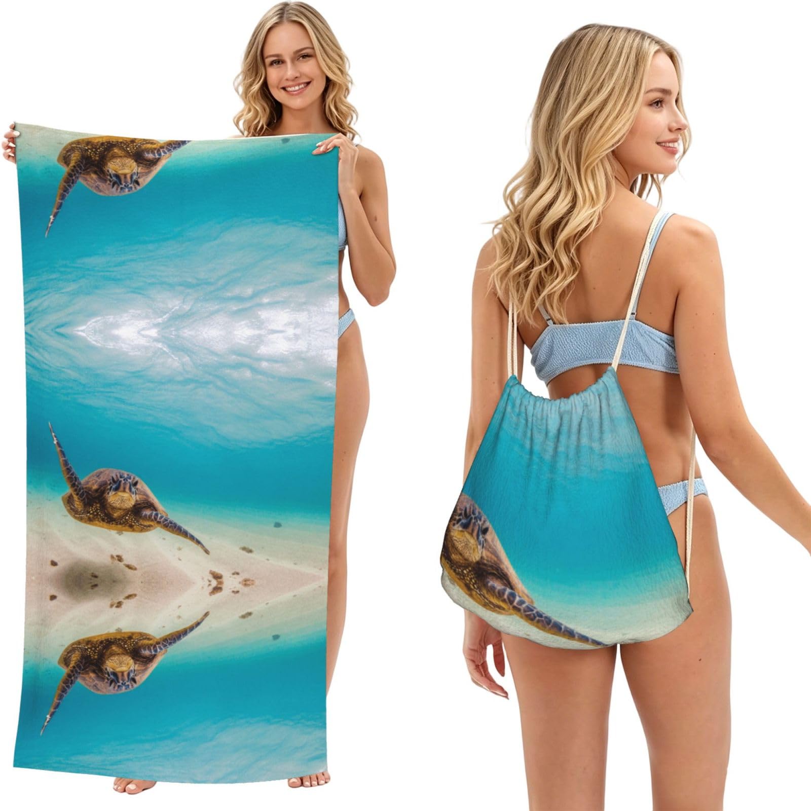 SATUSA Underwater Diving Sea Turtle Print 2-In-1 Foldable Beach Towel Backpack â€“ Camping, Yoga And Travel,Bath Towel With Built-In Storage, Convertible Beach Mat & Carry Bag