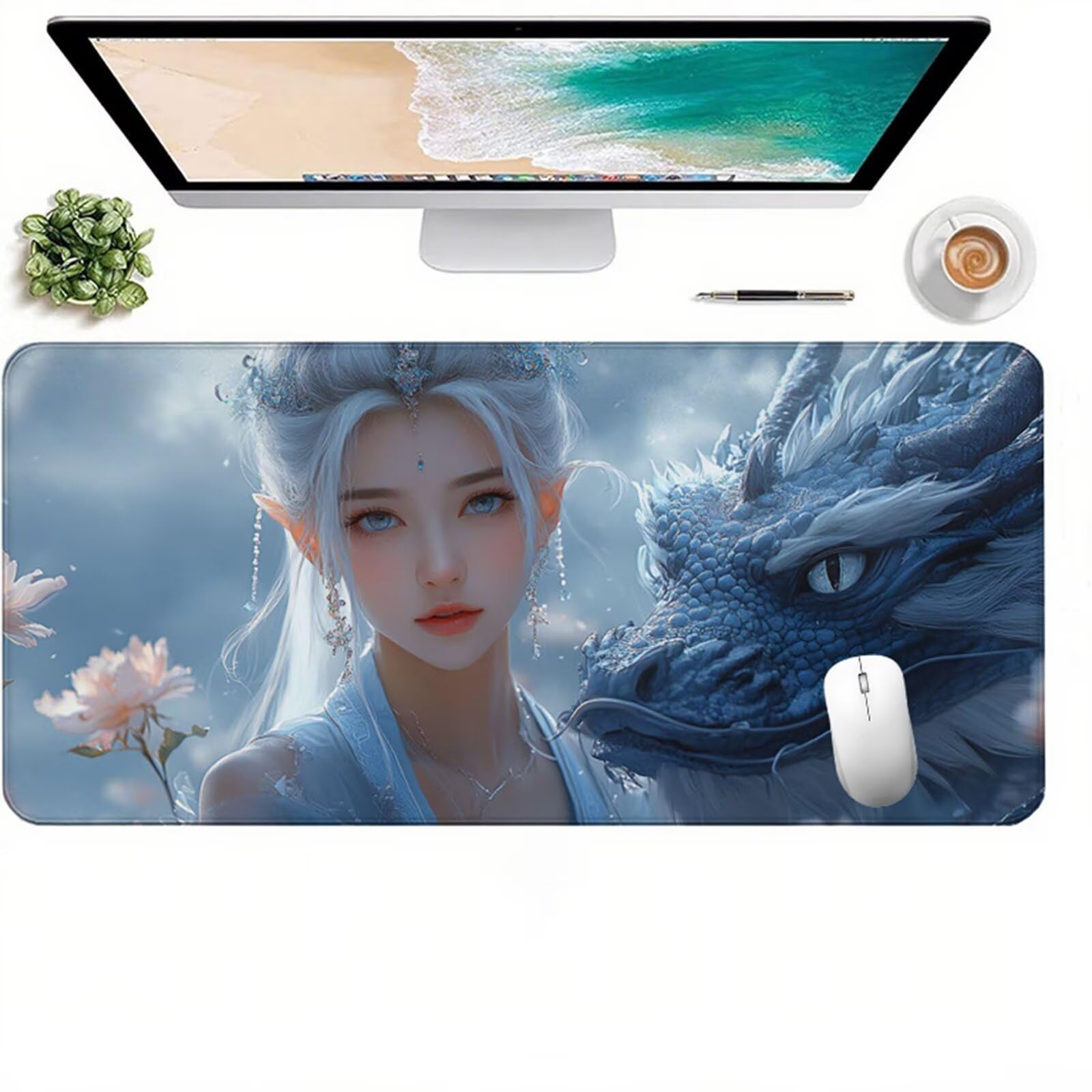Biała podkładka pod mysz dla graczy XXL 1400 x 600 x 3 mm, pod ręką biurko kobieta z antypoślizgową i wodoodporną gumową podkładką pod mysz, gładka powierzchnia poprawia precyzję i szybkość D1-431