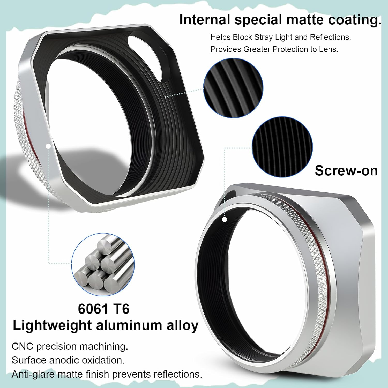 Haoge Square Metal Lens Hood for Fujifilm X100VI X100V X100F X100T X100S X70 Fuji Photo Camera Accessories Silver with 49mm Uv Filter Adapter Ring Hollow Out Designed LH-X1006-PS - Image 5