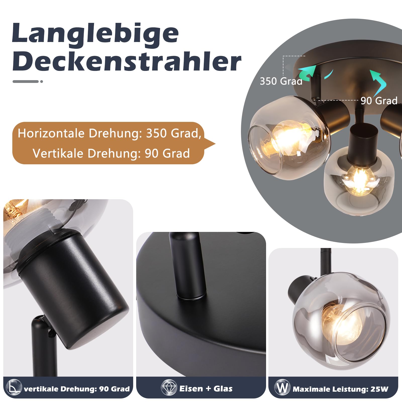 CBJKTX Deckenstrahler 3 Flammig Deckenspots Schwarz - 350° Schwenkbar E14 Spots Glas Strahler Rauchgrau Modern küchenlampe für Flur Küche Wohnzimmer（Ohne Lichtquelle）