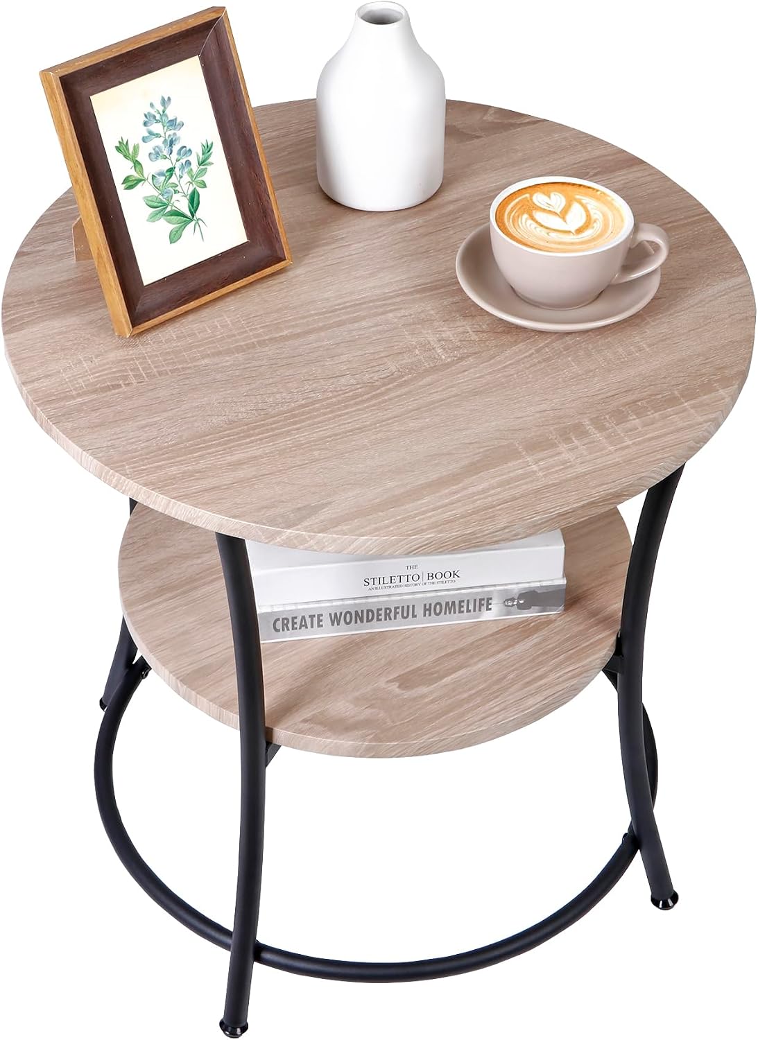 Amazon.com: Saicool Round Side End Table, 2-Tier Shelves Sofa Side ...