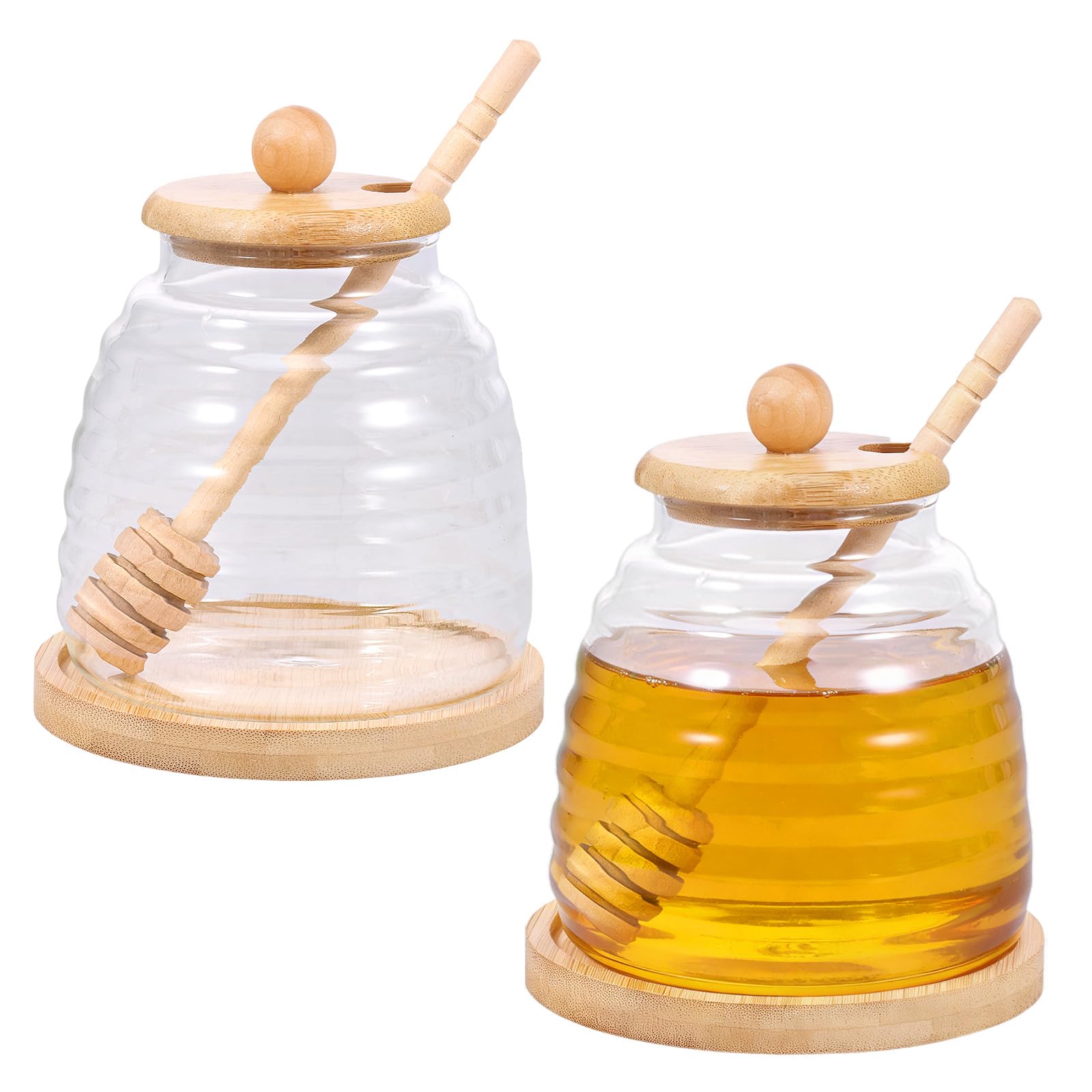 Zhjiutak Style 2 2 Pcs Honey Jar With Wooden Dipper And Lid, Glass Honey Pot With Dispenser Glass Container Wide Mouth Syrup Container For Home Kitchen(Style 2)