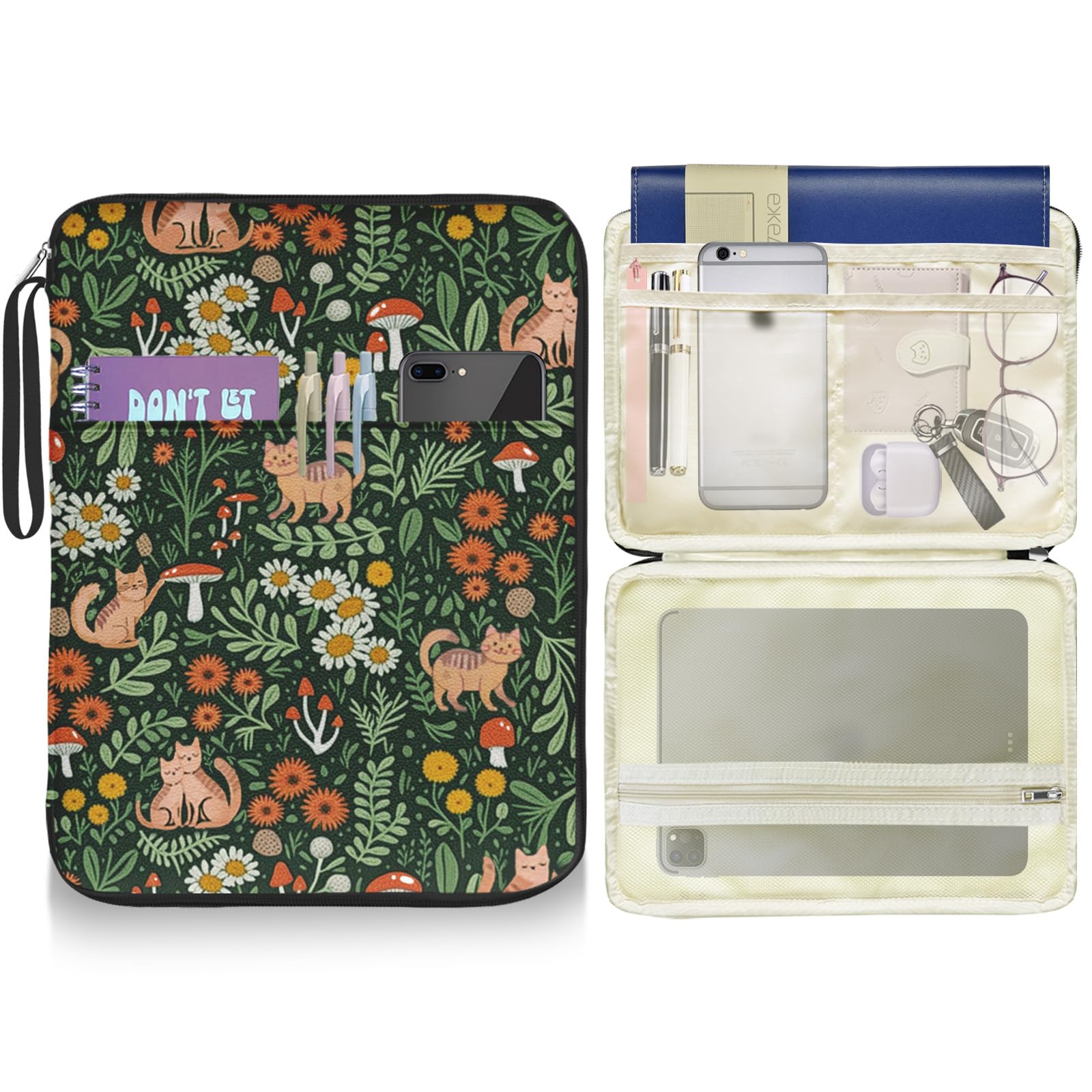 Cute Cat Printed Book Sleeve Pouch Case with Zipper - Waterproof Journal Cover for Book Lovers, Teachers, Readers & Librarians