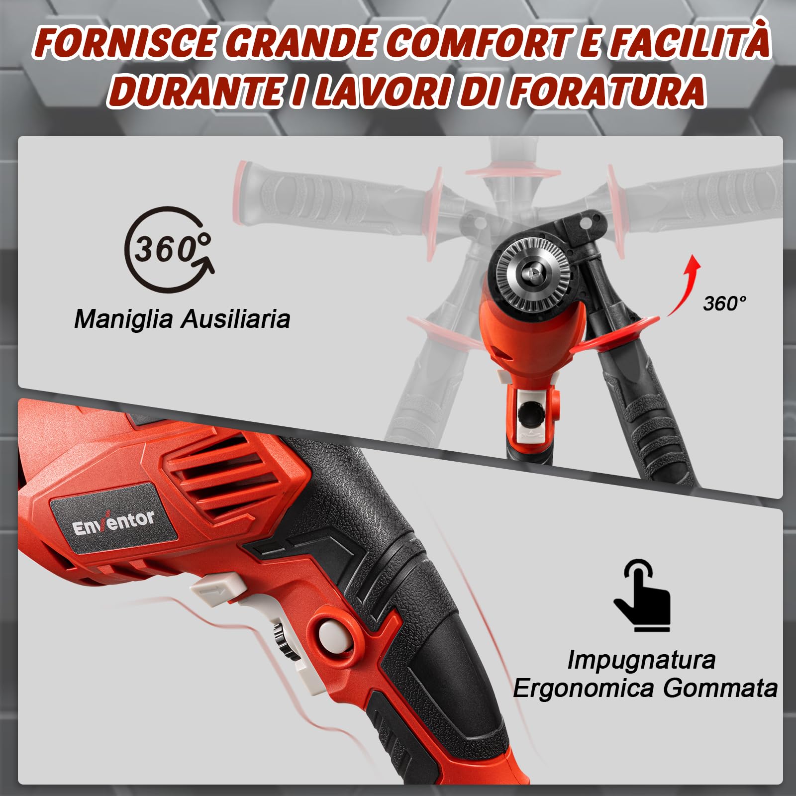 Enventor Trapano a Percussione 900W, Trapano Elettrico a Filo con 37 Accessori, Funzione 2 in 1, 0-3000RPM, Impugnatura Ausiliaria a 360°, Mandrino da 13MM, per Calcestruzzo, Metallo e Legno