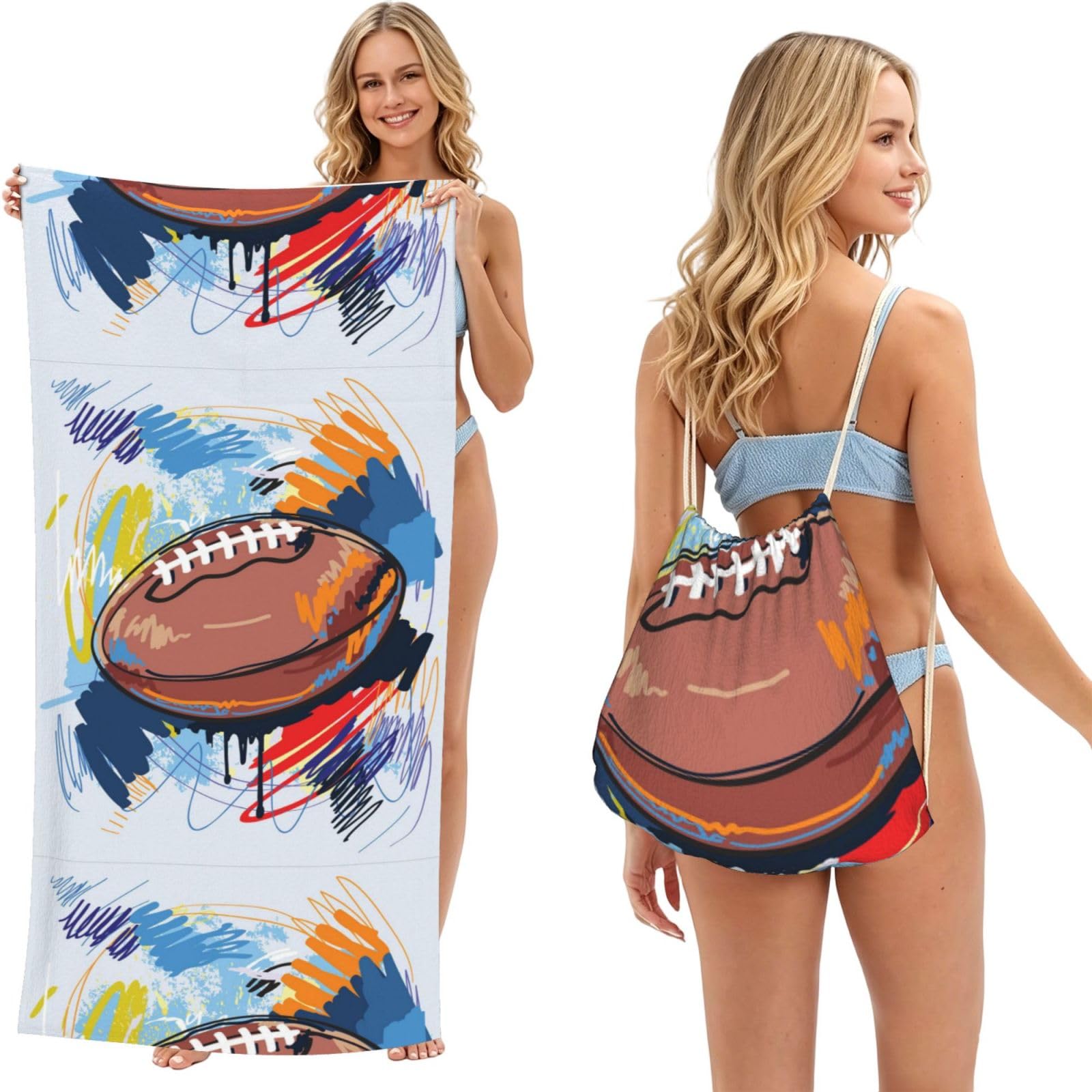 Poadnly As Picture Rugby Ball Sketch With Colorful Doodles, 2 In 1 Packable Towel Bag, Beach Towels With Drawstring Backpack For Travel Holiday Camping