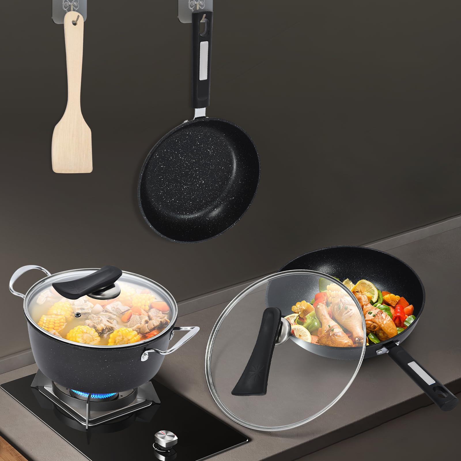 Juego de 3 piezas de sartén Wok con revestimiento antiadherente Woks con espátula de madera, para cocina de gas, cocina de inducción, cocina de cerámica