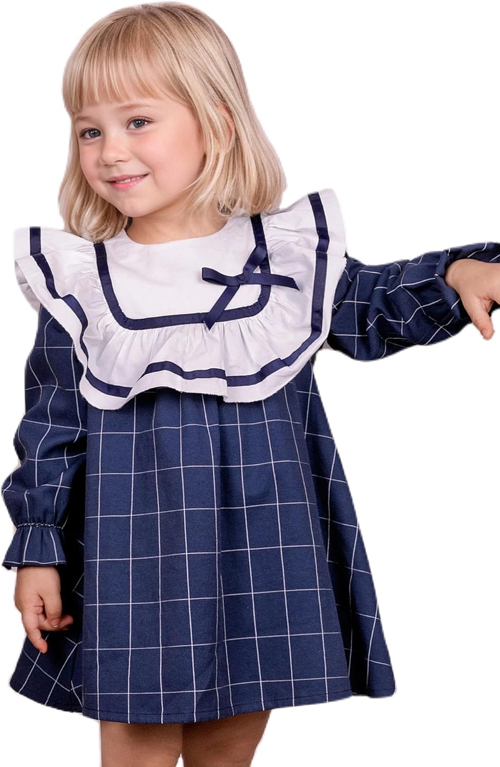 Twoflower Toddler Girls Vintage Plaid Dress | Soft Cotton Princess Ruffle Dress with Bow | Long Sleeve Fall Heirloom Outfit