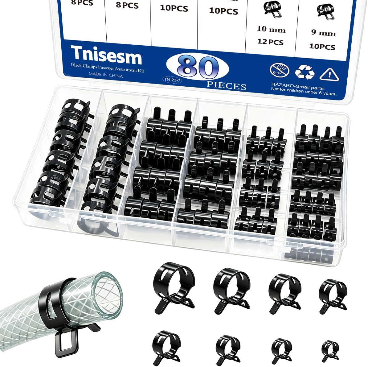 80Pcs Spring Band Hose Clamps Assortment kits Silicone Vacuum Hose Pipe Clamp 7mm 9mm 10mm 11mm 14mm 15mm 16mm 18mm Low Pressure Air Clip Clamp(Black)