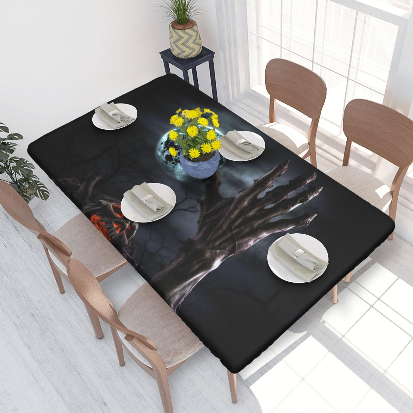 Zombie Hand Dark Halloween Waterproof Square Table Cover Elastic Fitted Tablecloth Oil Proof Table Protector For 4ft Table