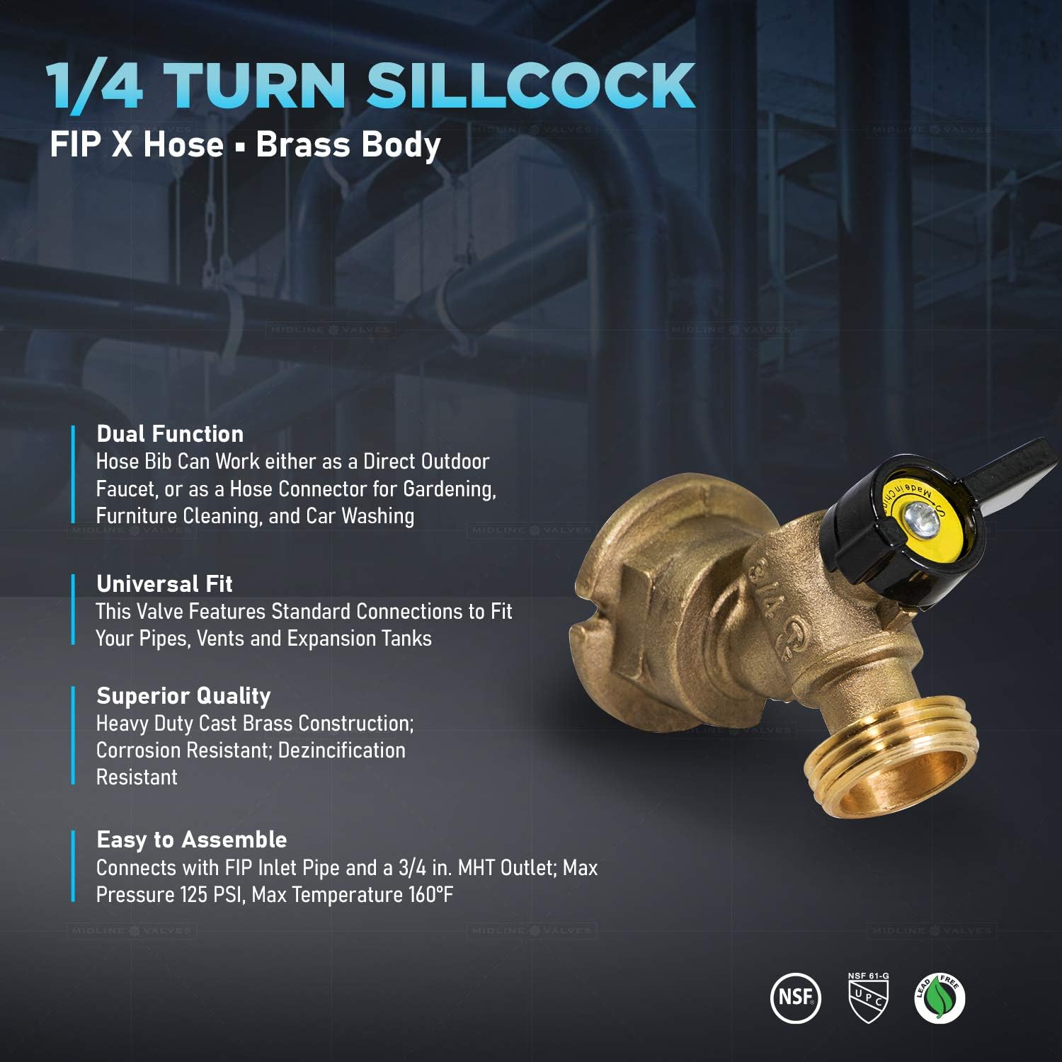 Midline Valve 69564-5 Quarter Turn Sillcock Bibb 3/4, Cast Brass (5Pack), 3/4 in. FIP Inlet x 3/4 in. MHT Hose Outlet, 5 Count