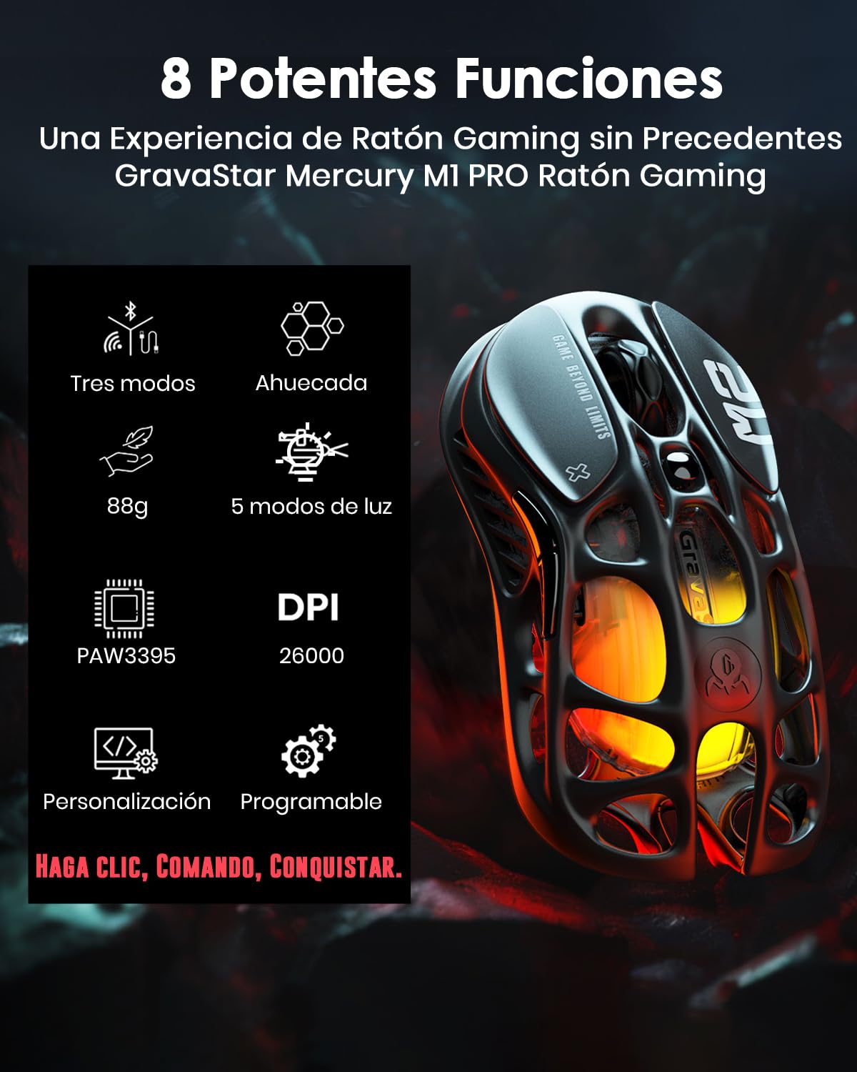 GravaStar Mercury M2 Gaming Mouse - Ratón para Juegos de computadora MMO con Sensor óptico de 26,000 dpi - Diseño Hueco liviano de 78 g - 5 Botones programables - 5 Modos RGB - Negro sigiloso