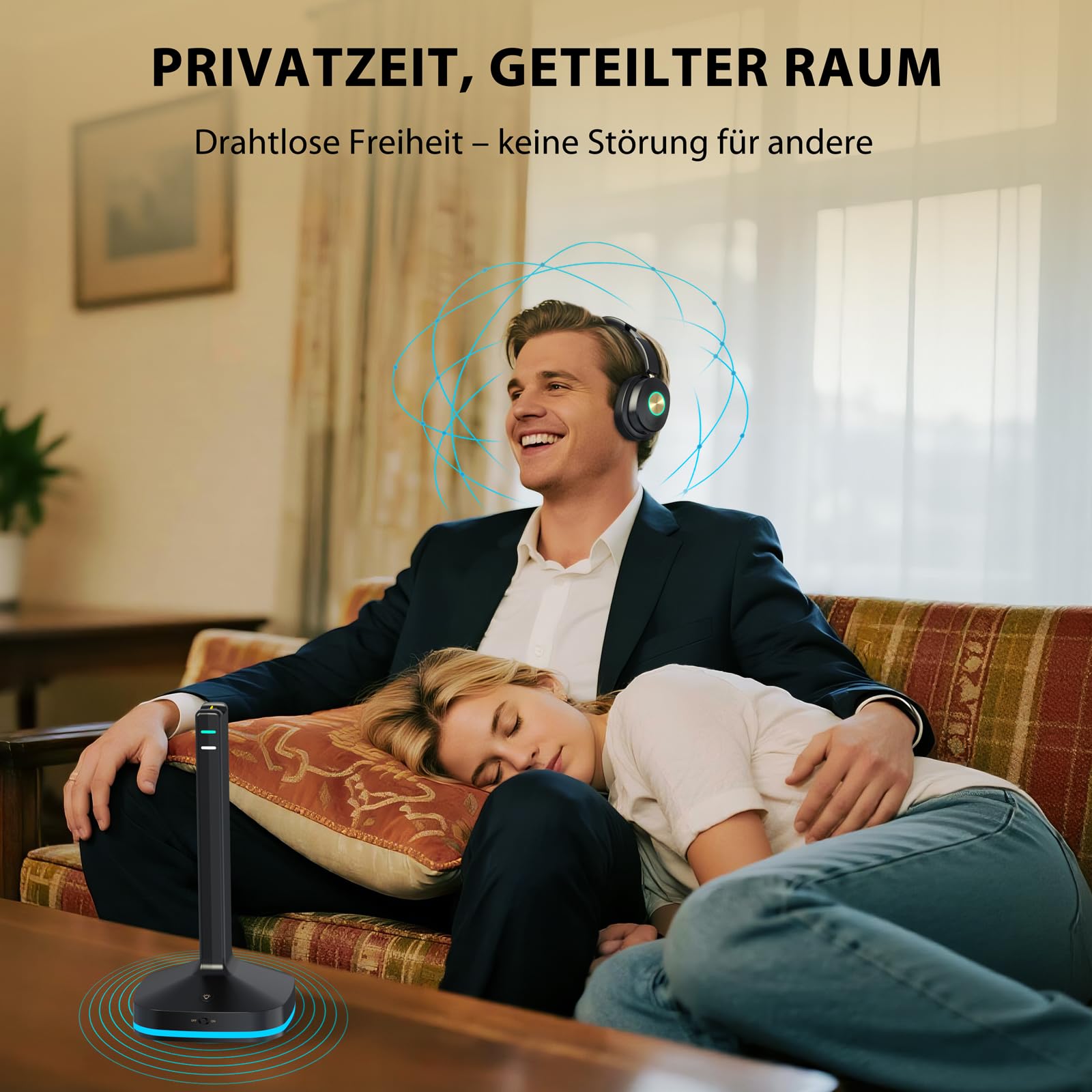 Funkkopfhörer für Fernseher, TV kopfhörer kabellos für Senioren mit Sender-Ladestation Plug-and-play, Bluetooth Kopfhörer mit Optisch/AUX/RCA & Keine Audioverzögerung, Geschenk für Senioren/Eltern