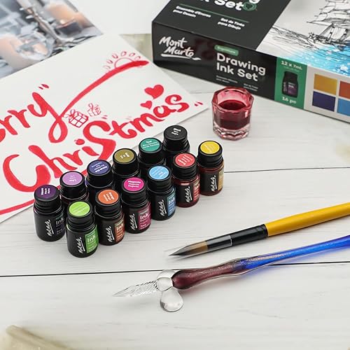 Miniatura 5 de Mont Marte Kit de tinta de dibujo Signature de 16 piezas, gran juego de arte, incluye 12 colores de tinta de 0.24 onzas líquidas, bolígrafo de
