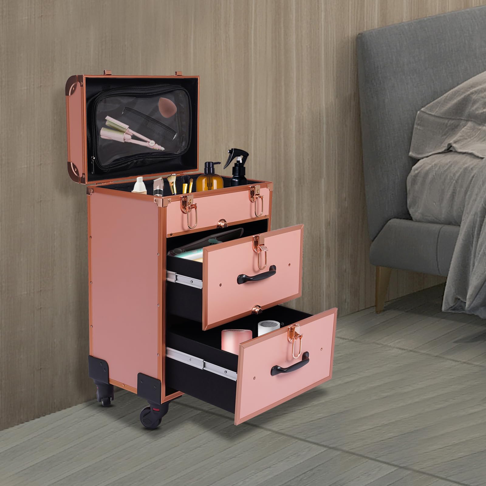 Valigia per trucco professionale con ruote rotanti a 360°, con cassetti e serratura, 36 x 23 x 58 cm, oro rosa, Valigia cosmetica con ruote