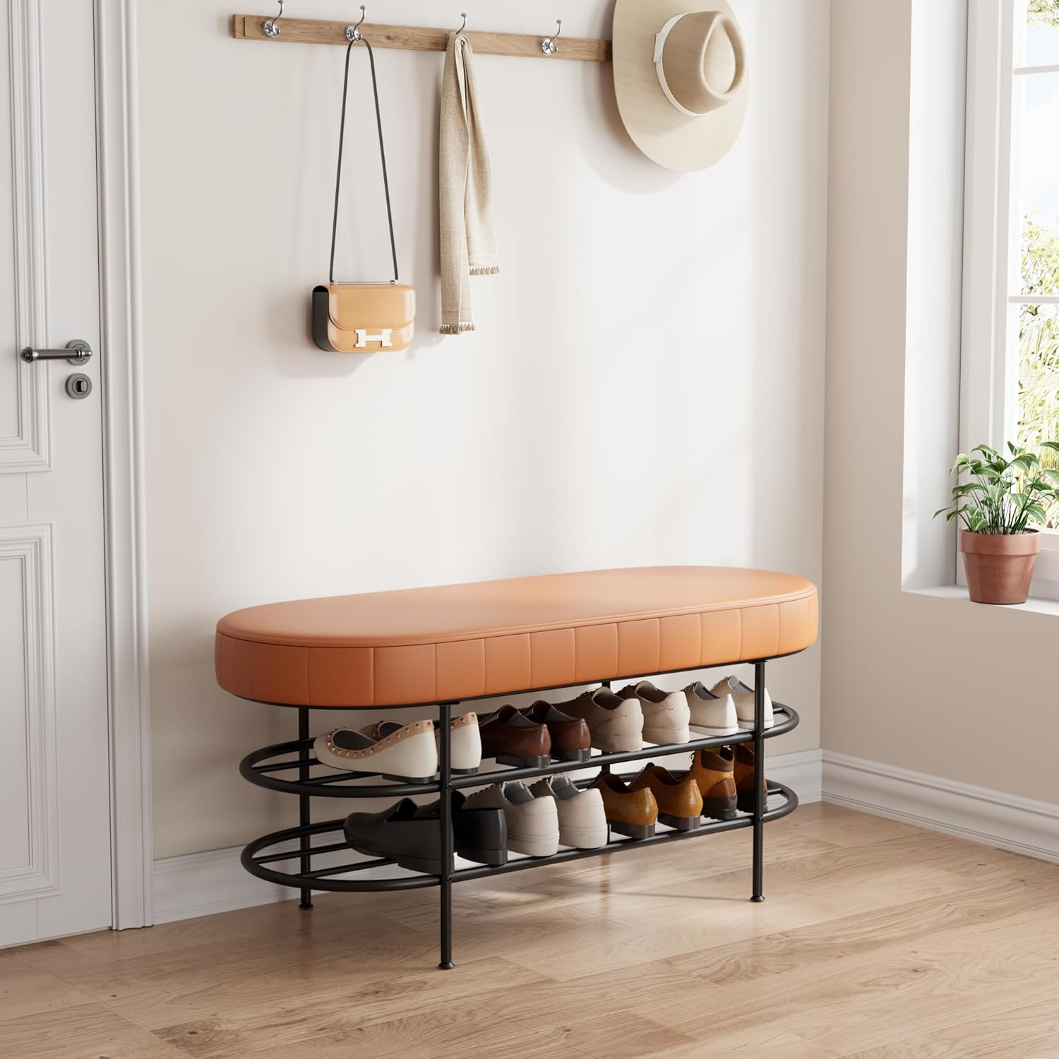 TinyTimes Shoe Bench with Storage for Entryway, 40", Small Shoe Rack Bench with 3-Tier Organizer Shelf for Hallway, Bedroom, Living Room, Holds Up to 400Lbs, Brown