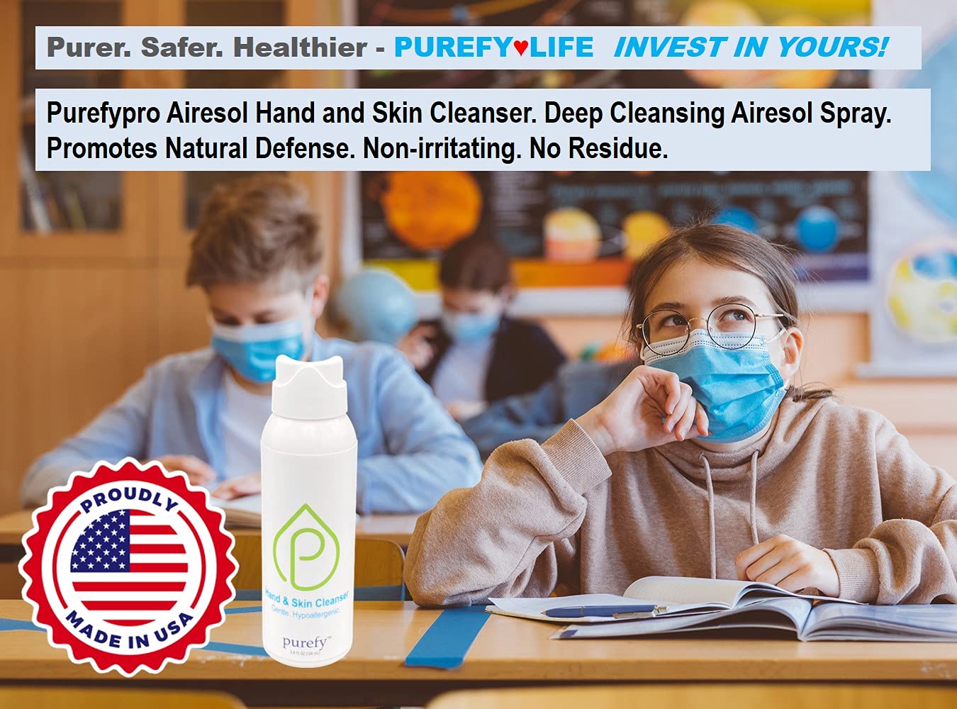 Purefypro Hand and Skin Cleanser (100ml, 3pk) Deep Cleansing Airesol Spray. Hypochlorous Technology. Promotes Natural Defense. Non-irritating. No Residue.