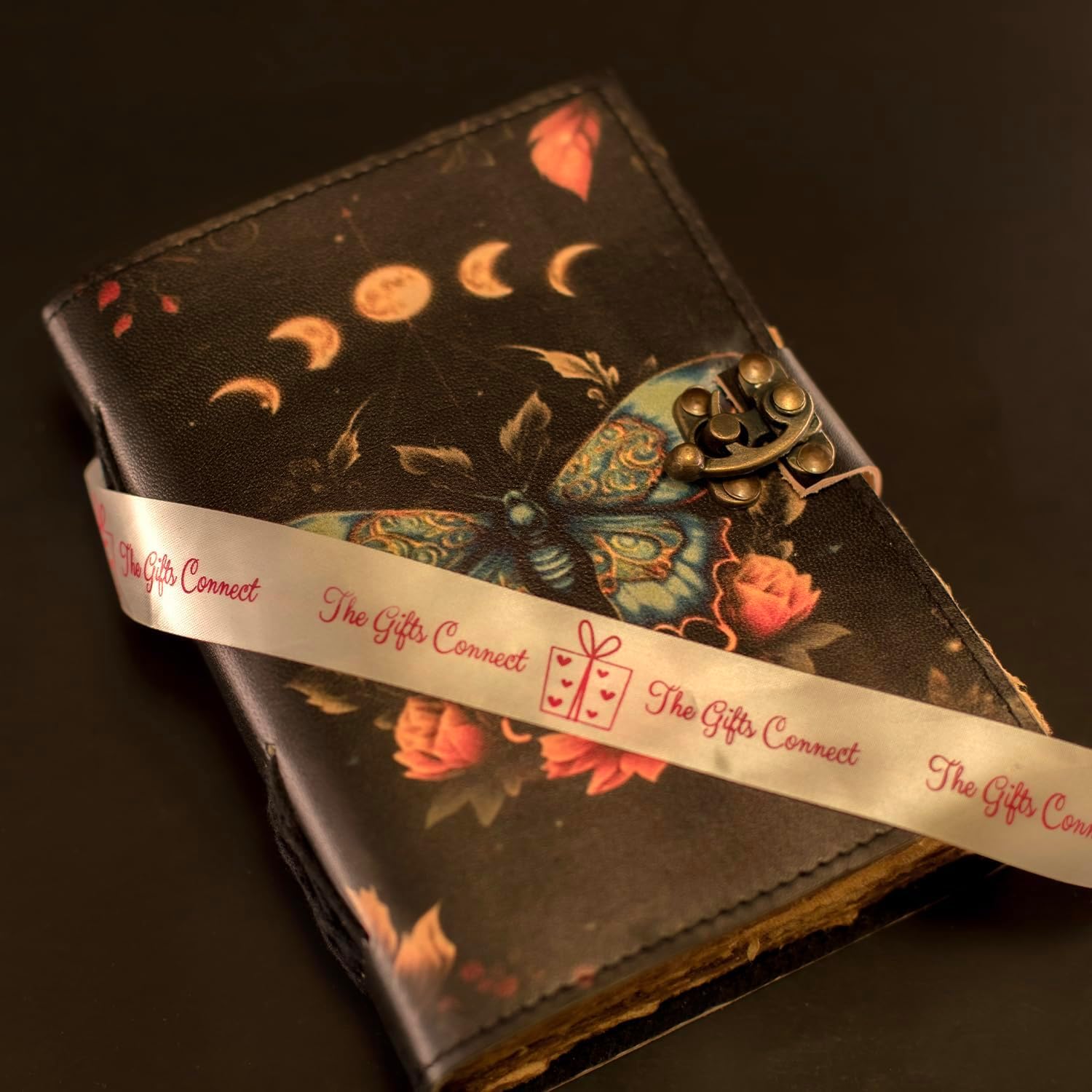 Vintage Luna Moth Leather Grimoire Journal with Clasp Lock | Handmade Spell Book & Book of Shadows | Antique Witchcraft Journal | 240 Deckle Edge Paper 7x10 inch