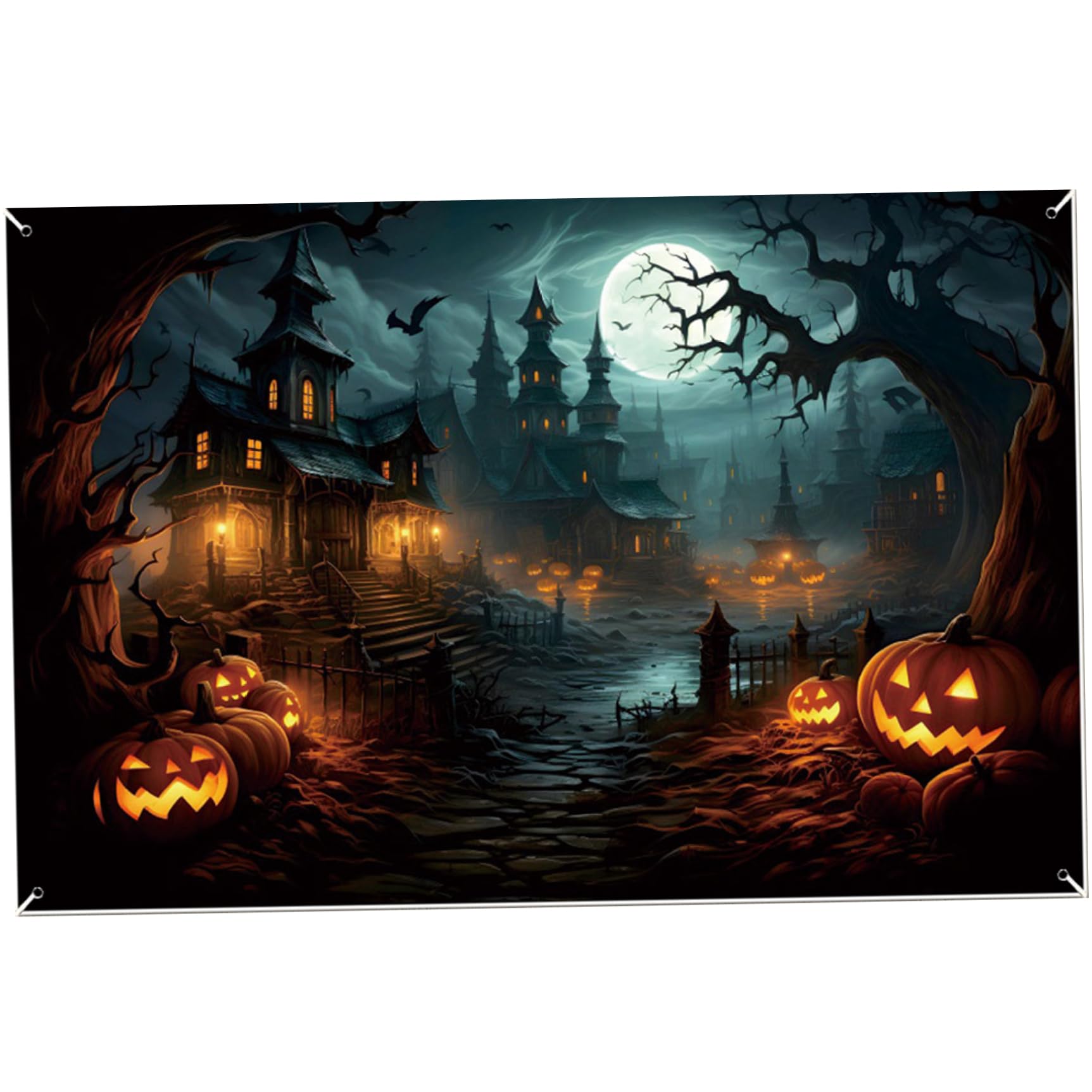 Pesoncarl Halloween Backdrop 13x6 Ft Spooky Graveyard Scary Castle Halloween Garage Door Cover Weather Resistant Banner with Grommets for Photo Shooting Decorations, Creepy