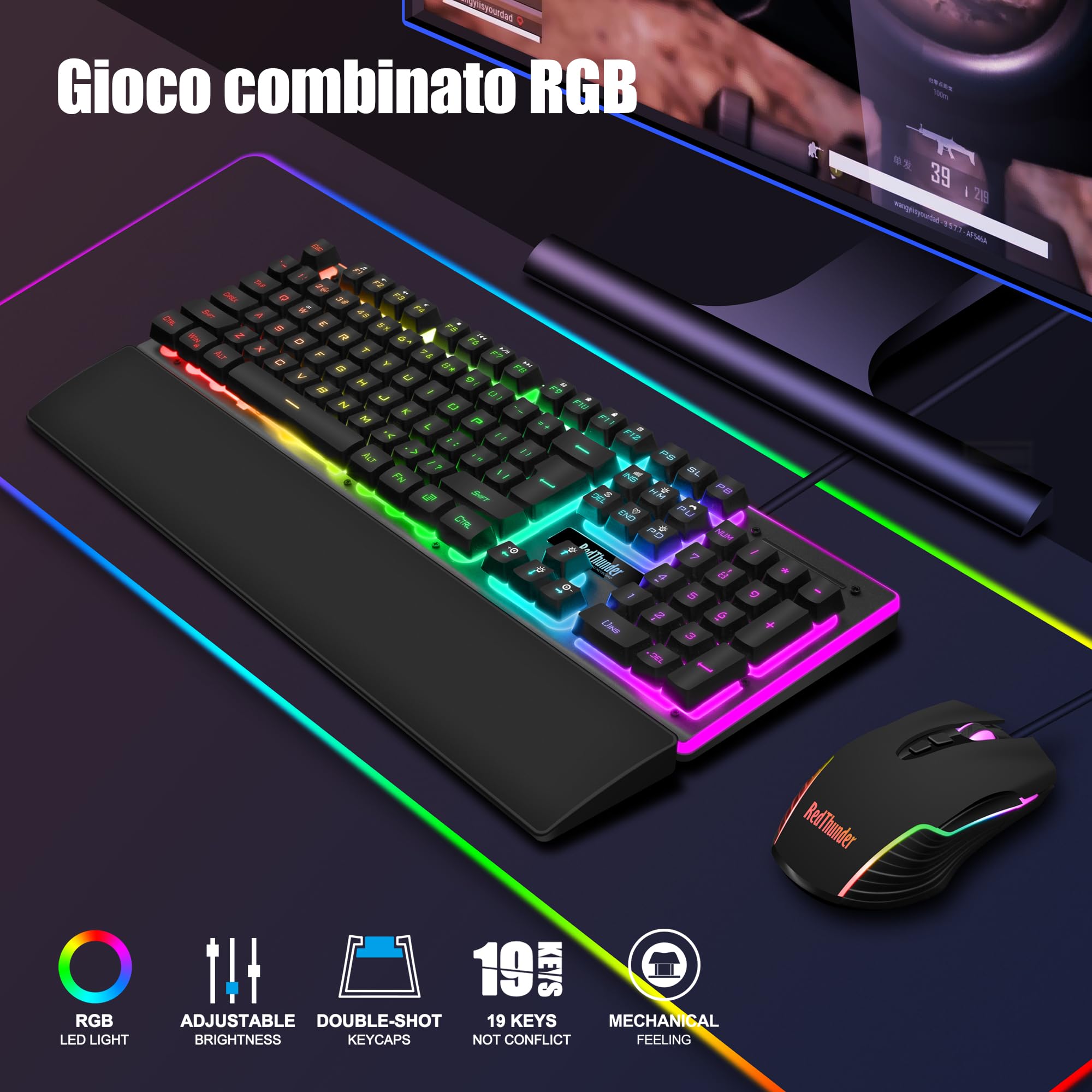 RedThunder K10-B3 K10-B3 - Juego de teclado y ratón para videojuegos, placa de metal y reposamuñecas, retroiluminación RGB y ergonomía 7D