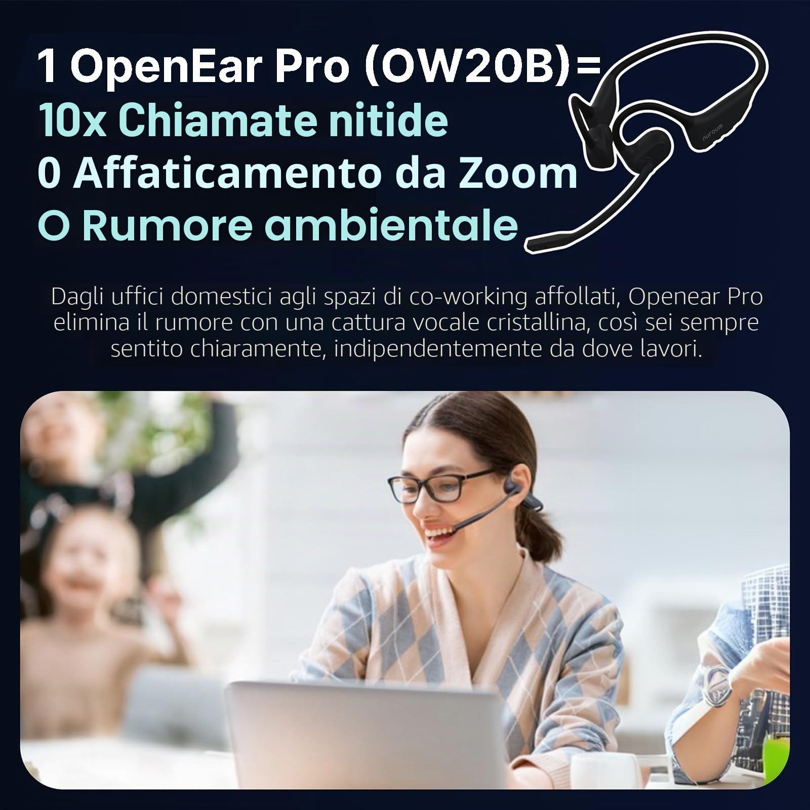 Nuroum OpenEar Pro Cuffie Bluetooth Orecchio Aperto con Microfono a Cancellazione del Rumore, Auricolare Bluetooth Senza Fili V5.3 Connessione Multipunto,15 Ore Durata per Ufficio/Casa/Chiamate