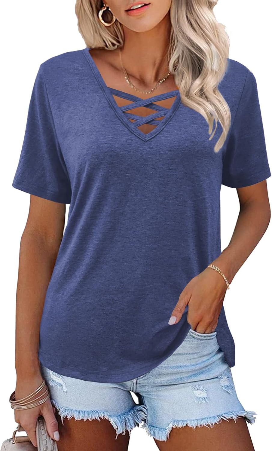 Womens Tops Short Sleeve V Neck Shirts Loose Casual Blouses Summer Tees Criss Cross