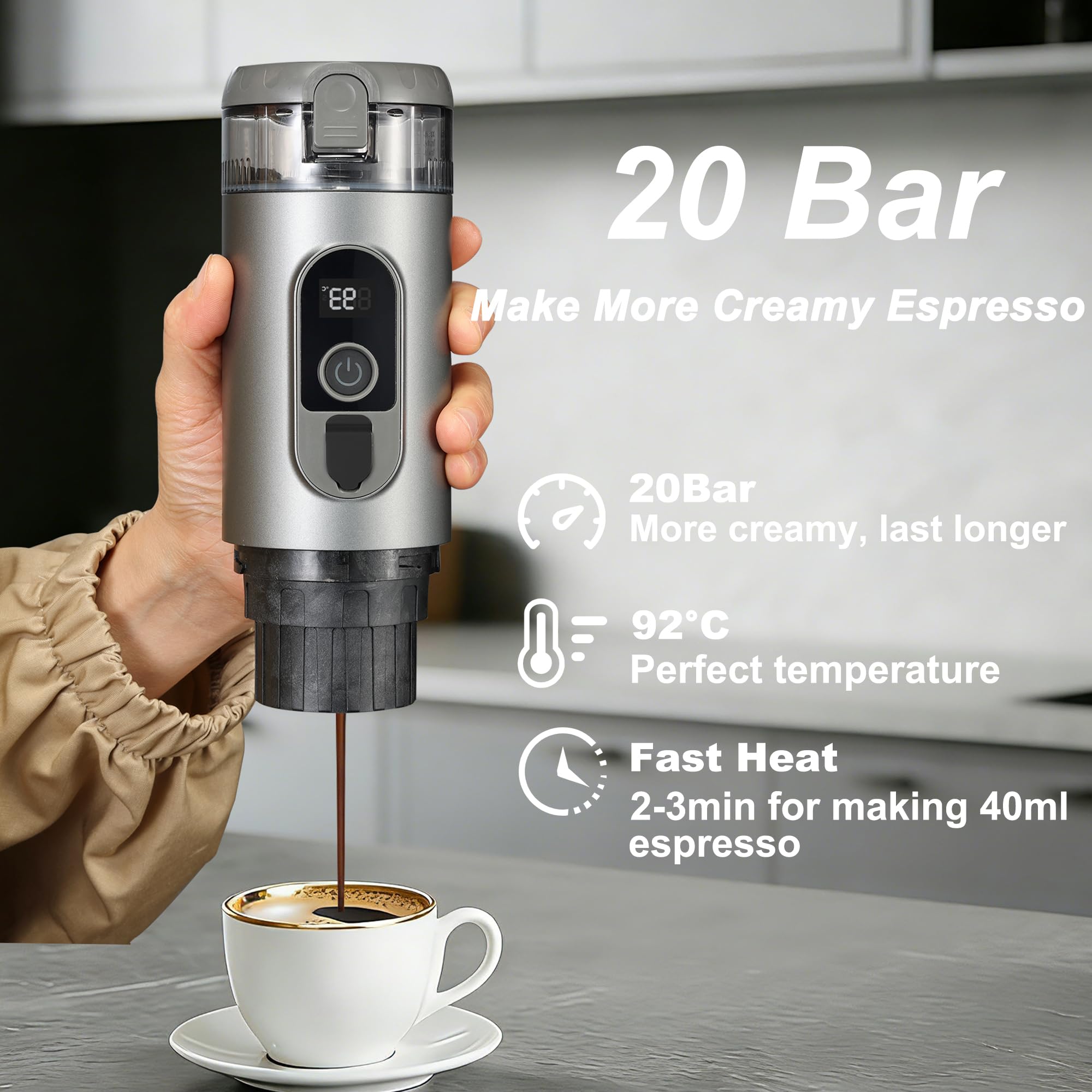 Przenośny elektryczny ekspres do kawy, podróżny ekspres do kawy, 20 bar, mini espresso, samonagrzewający się, kompatybilny z mieloną kawą i kapsułką NS, na kemping, do kampera, wędrówek