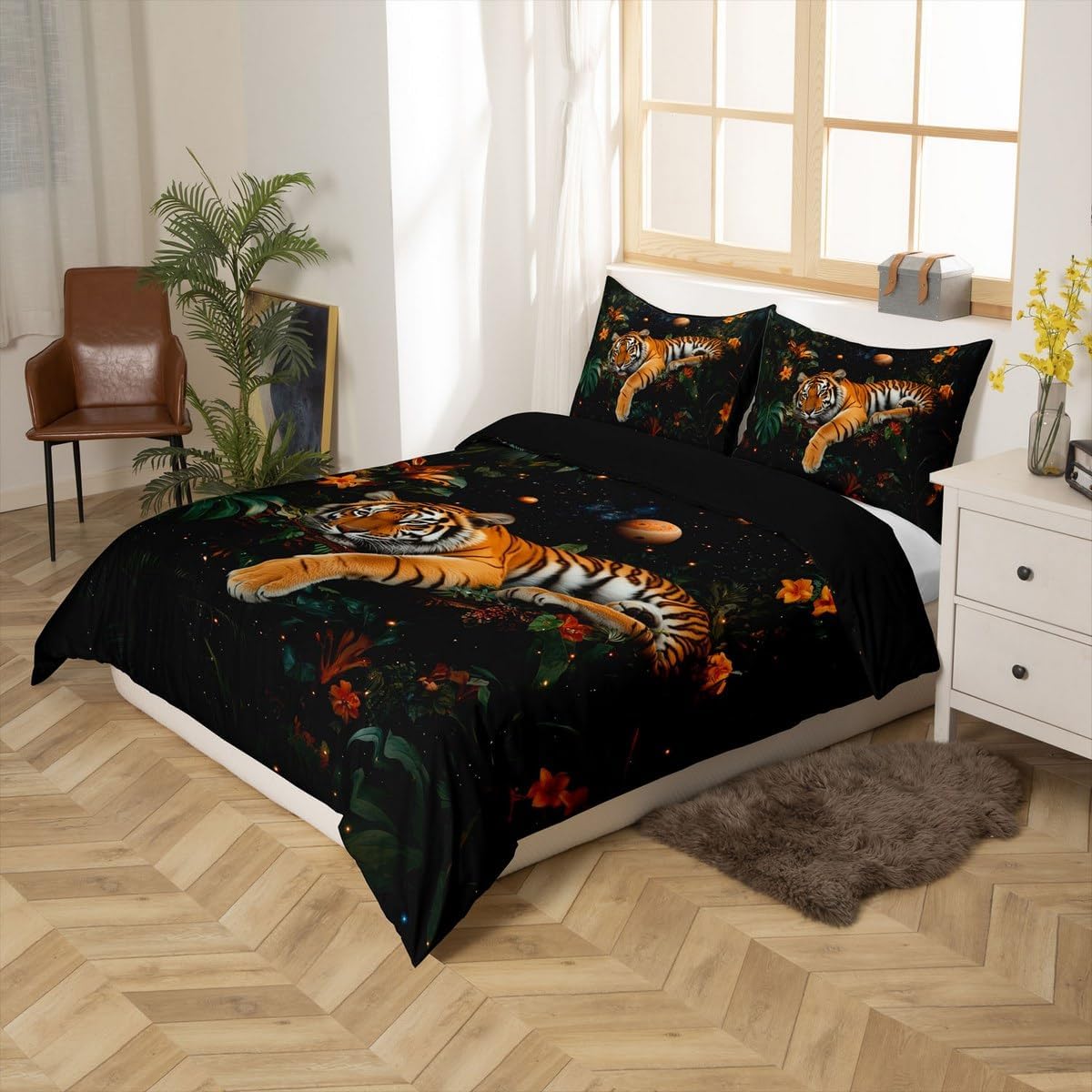 Wild Tiger Duvet Cover Sets(NO Comforter),Safari Animals Plants Themed Comforter Cover for Kids Adults Boys Men,Jungle Wildlife Botanical Bedding Set,Mystery Universe Galaxy Quilt Cover,Queen