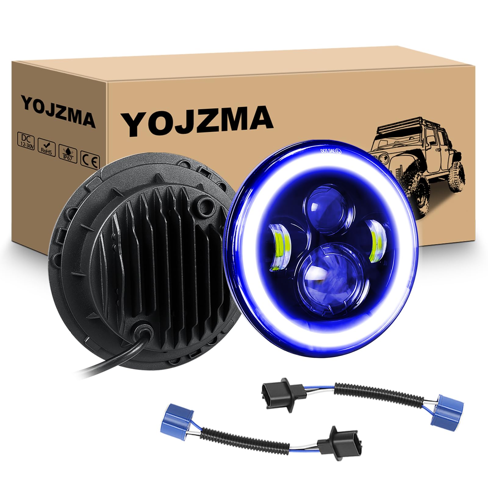 2 x 7 pouces Phare LED Auto Moto, 50W Phare de Travail Blanc Bleu