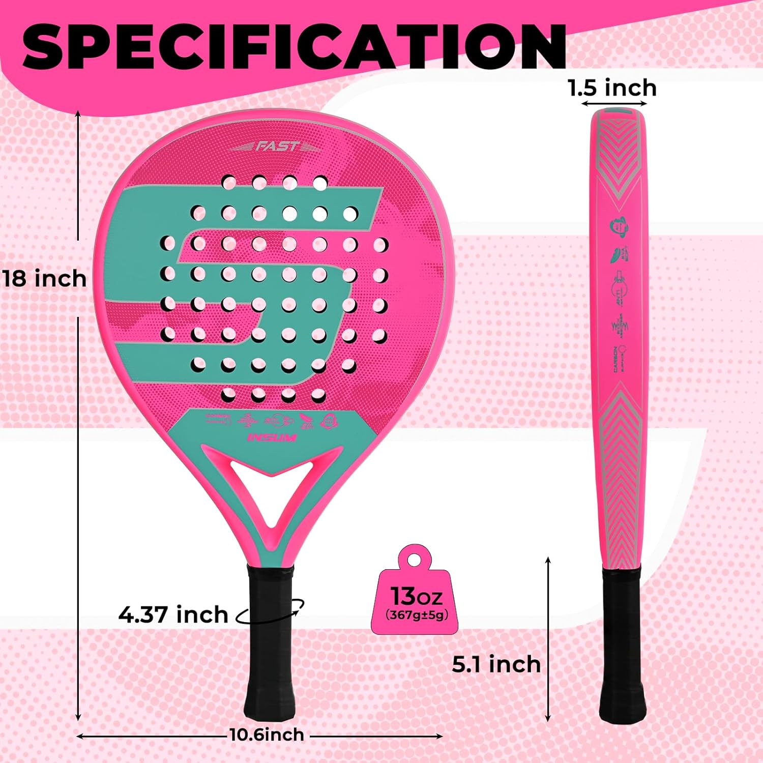 INSUM Round Padel Racket, Carbon Fiber Face with EVA Soft Core, Large Sweet Spot for Accuracy, Lightweight Non-Slip Grip, Control Performance Gear for Beginner to Intermediate Players (Pink)