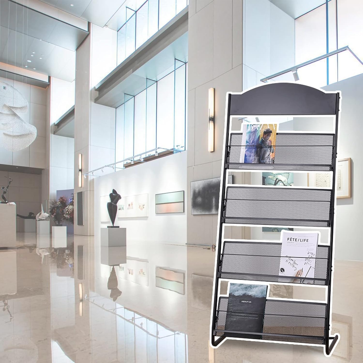 Présentoir de brochures pour salon et bureau : porte-revues en métal sur pied