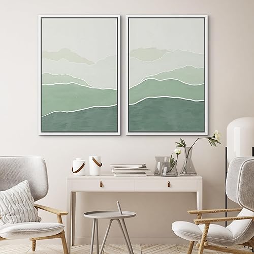 Miniatura 9 de SIGNWIN Lienzo enmarcado para pared, juego de arte de collage de polígonos verdes en acuarela pastel, ilustraciones con formas abstractas, arte