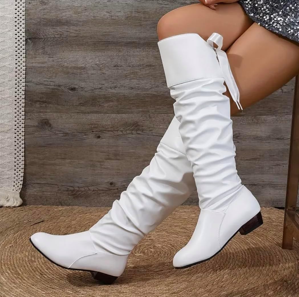 Knee High Boots Women with Bow Over the Knee FlatS Boots with Bow Tie, Fashion PU Leather Square Toe, Lace Up Chunky Low Heels for Winter Fall