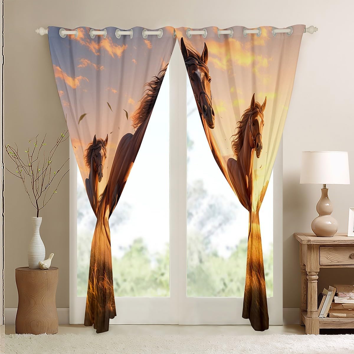 Feelyou Kids Horse Blackout Curtains Galloping Horse Window Curtains Boys Girls Wild Animal Darkening Drapes Western Farm Teens Window Treatments Bedroom Decor (2 Panels, 52 x 96 Inch)