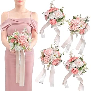 TINGE TIME Bridesmaid Bouquets for Wedding Set of 4 PeachPink & Whitee 7 Inch Wedding Bouquets Artificial Silk Flowers Bridal Bouquets for Bridesmaids, Wedding Decor, Anniversary