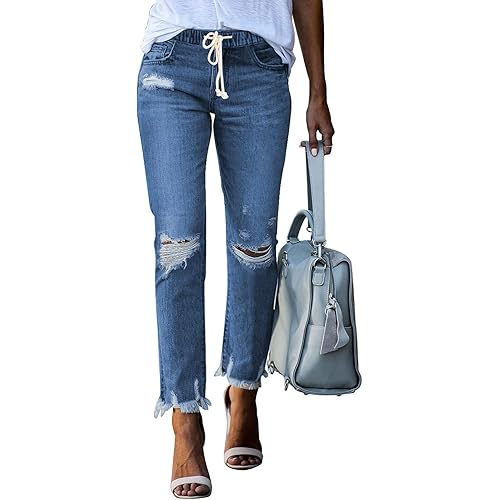 Sidefeel Women Pull-on Distressed Denim Joggers Elastic Waist Stretch Pants