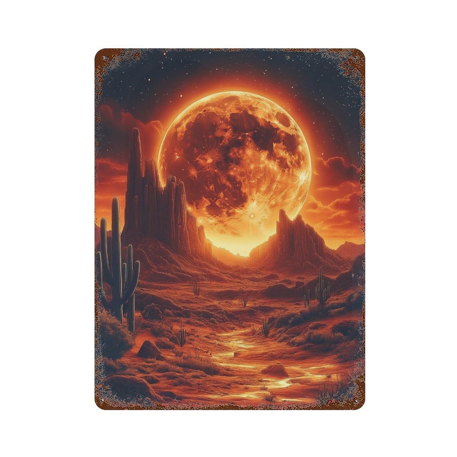 Desert Moonlit Landscape Retro Metal Sign 15.7"x11.8", Novelty Wall Decor for Farmhouse, Kitchen And Entryway Decor
