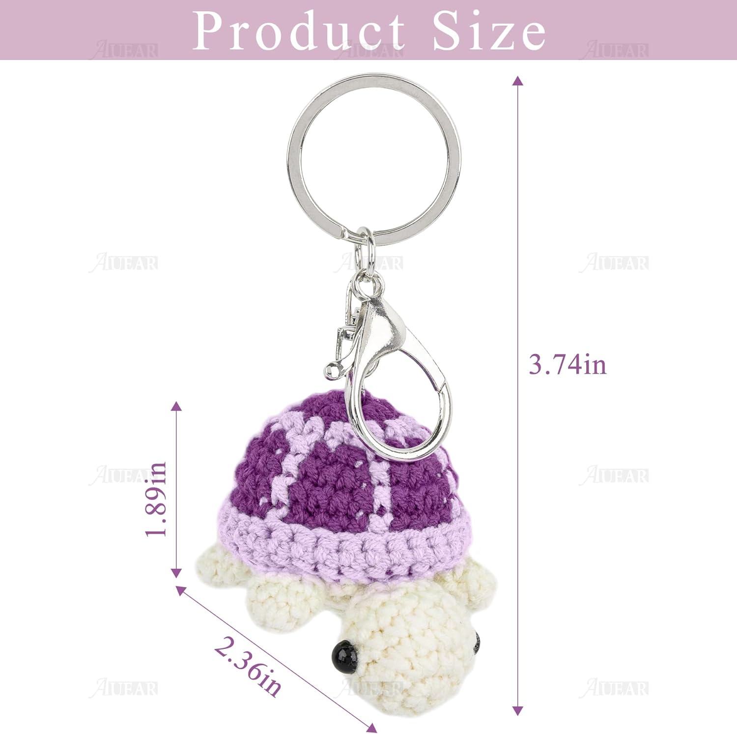AUEAR, 3 Pack Turtle Crochet Keychain Handmade Knitting Cute Sea Animal Key Ring for Car Key Handbag Decoration (Green & Purple & Pink) - Image 6