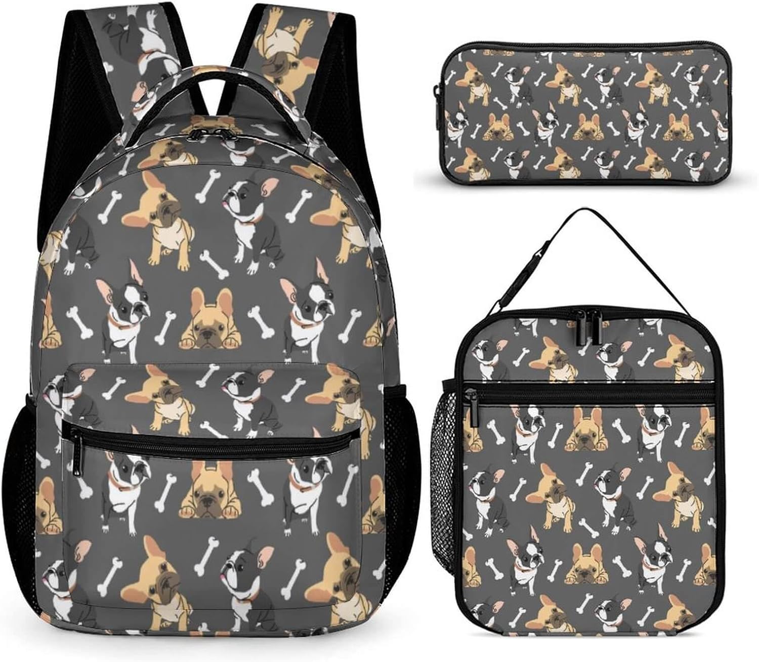 French Bulldog Backpack with Lunch Box & Pencil Case, 16 Inch Cute French Bulldog Themed Bookbag, Adjustable Lightweight, Colorful French Bulldog Backpack Set for Kids Girls Boys School
