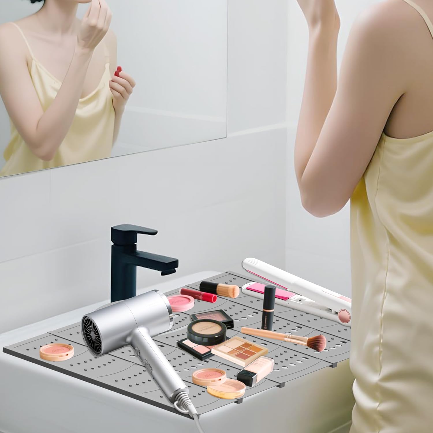 Mofason Large Bathroom Sink Makeup Mat Space Saver,Silicone Makeup Organizer Cover for Over Countertop,Small Bathroom Must Haves Accessories Rv Camper Travel Foldable Gadgets-Grey.
