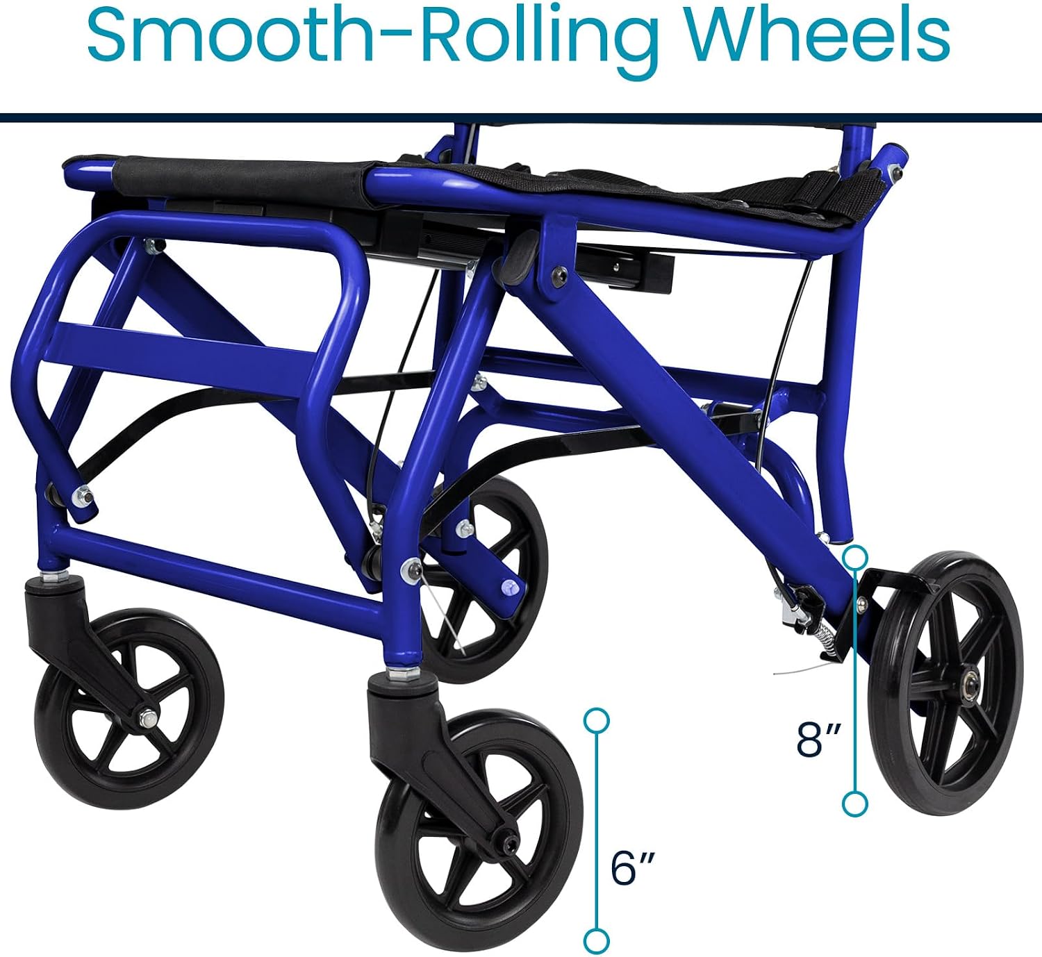 Close-up of the smooth-rolling wheels on the Vive Mobility Ultra-Lightweight Transport Wheelchair, showing wheel sizes.