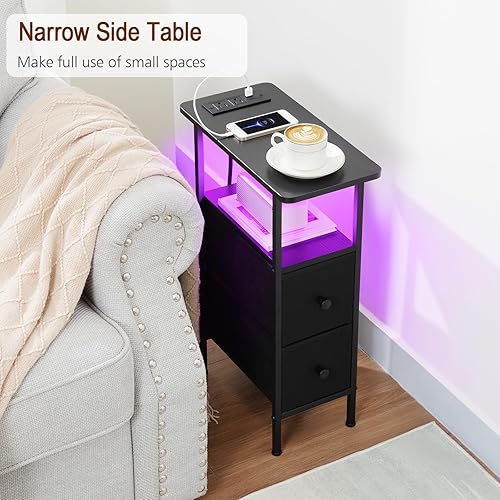Miniatura 5 de HETNDP02LBK-1 - Mesa auxiliar estrecha con cajones de tela, mesita de noche LED delgada para dormitorio, espacios pequeños, sofá, color negro,