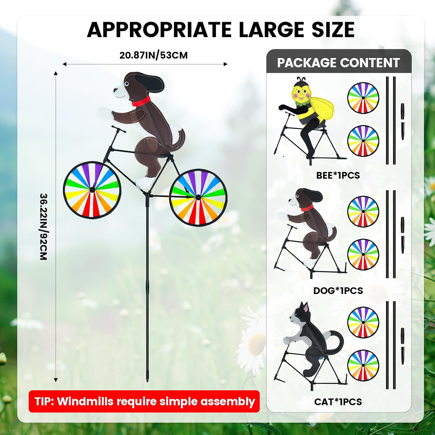 3 Pack Animal Bike Wind Spinners, Dog and Cat Pinwheels Colorful Windmill with Stakes, Wind Spinner for Yard Garden Lawn (Dog Cat Bee)