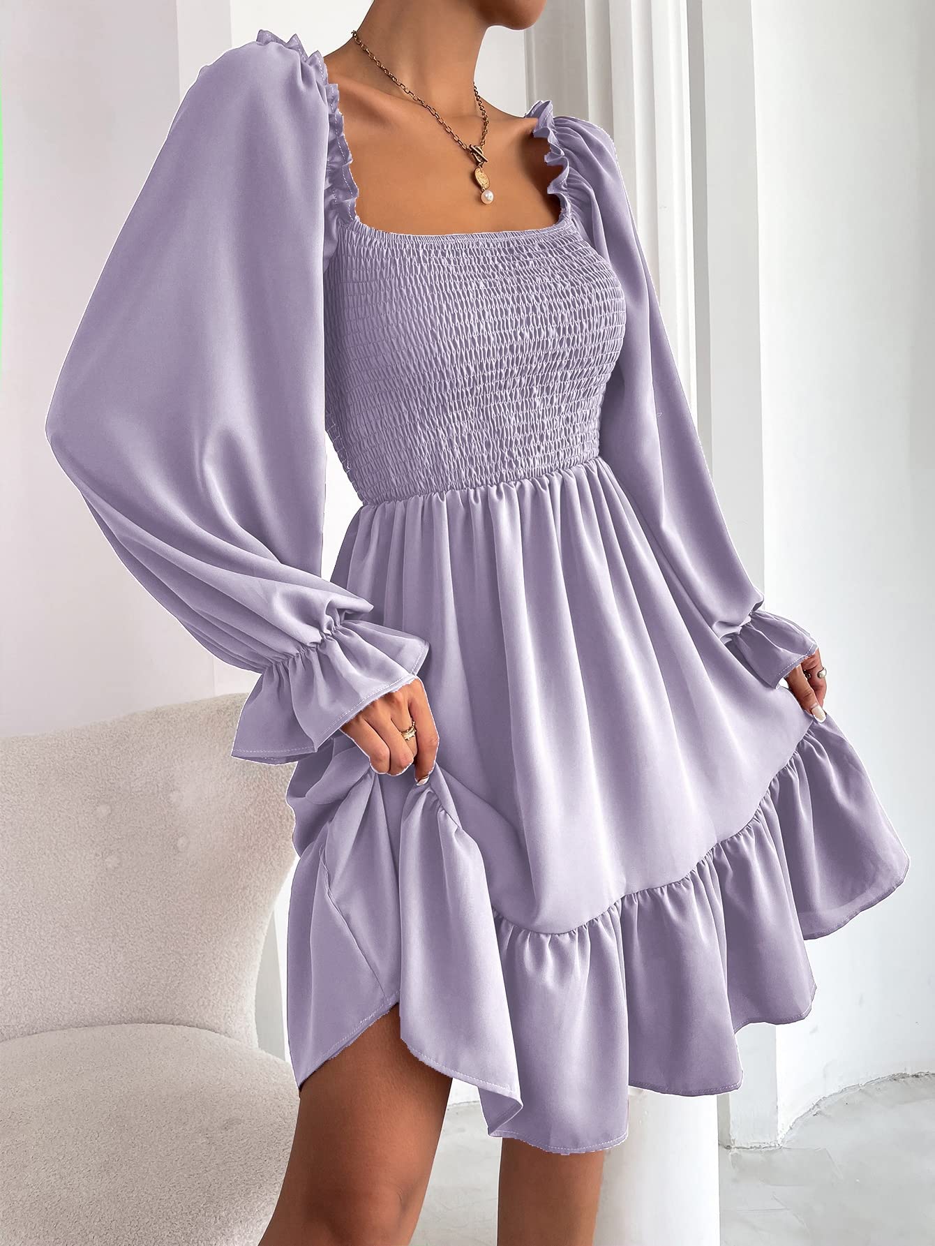 knee length dresses for ladies Zapaka Women Lilac Floral Long Ruffled Prom Dress Off The Shoulder A-Line Formal Dress, Lilac / US16W