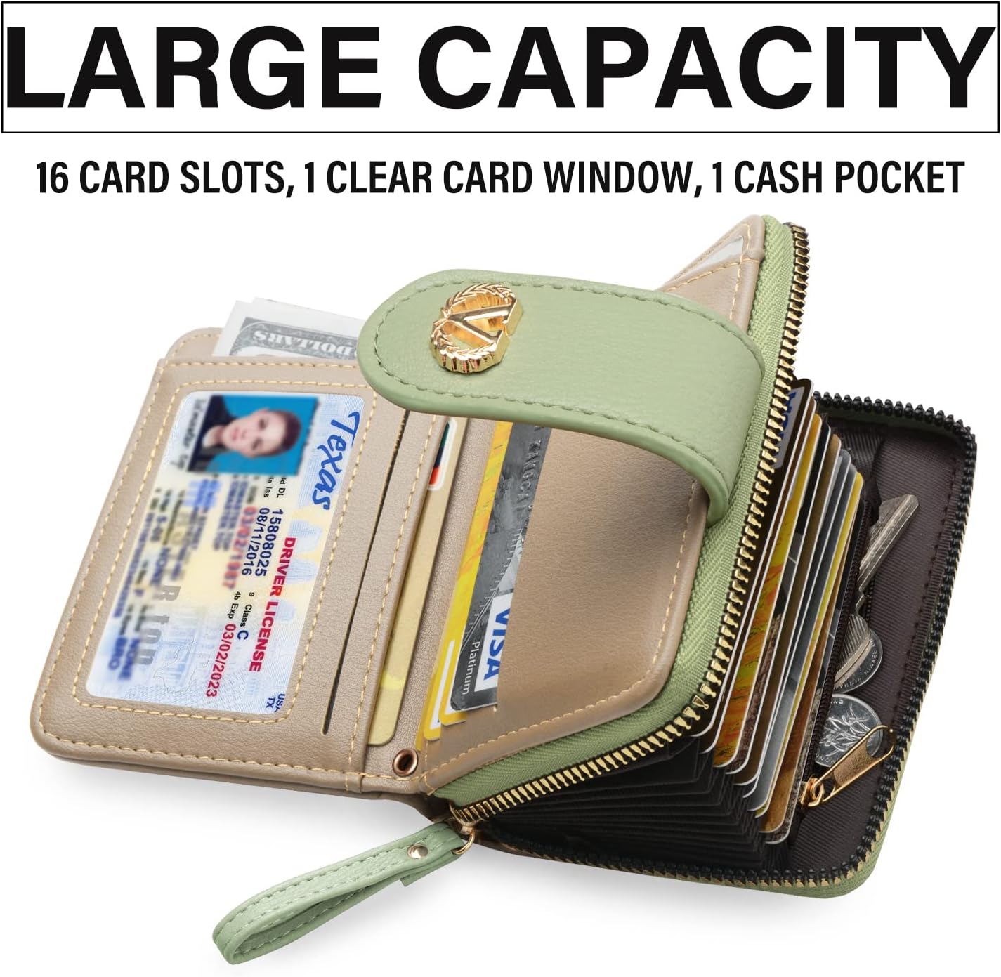 Multi-Purpose Wallet High Capacity Card Holder Zipper Coin Purse with Wristlet Bracelet Keychain Silicone Beaded Bangle Key Ring - Image 2