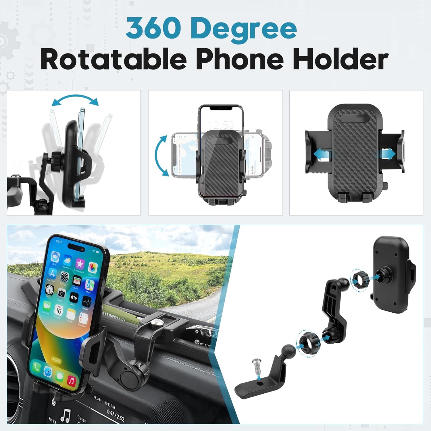 Phone Mount for Jeep Wrangler JL JLU & Gladiator JT 2018 2019 2020 2021 2022 2023,Multi-Mount Phone Holder Dash Tray Storage Box,Extension Arm Metal Rod Black Not for Wrangler 4XE