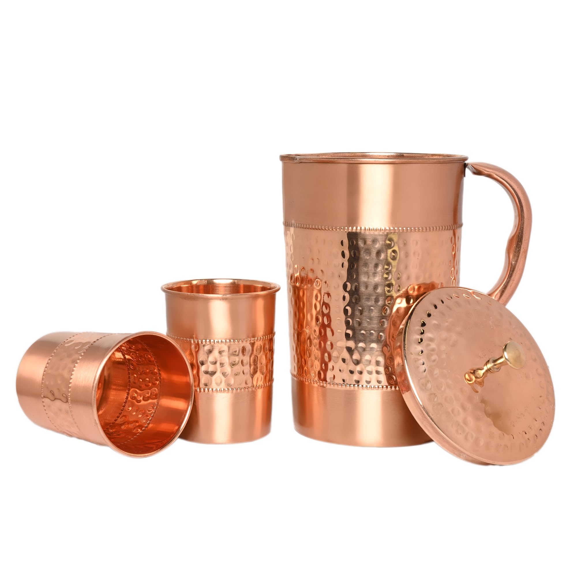 Carafe à eau en cuivre pur avec 2 gobelets en cuivre (martelé et motif uni) pour les bienfaits de la santé ayurvédique (avec verre droit)