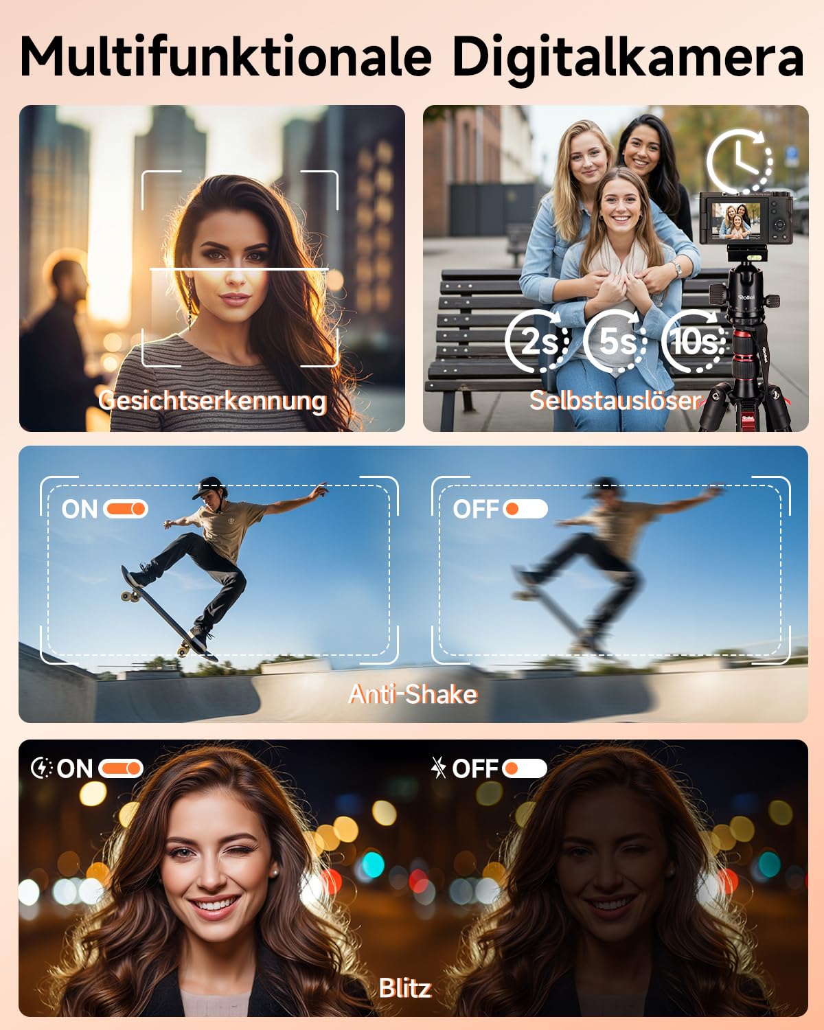 Rollei 64MP 4K Digitalkamera Compactline 10X Flip Screen 10X Optischer Zoom | Fotokamera mit 180° Dreh- & Schwenkbares 2,88" Display für Selfie Vlogging Fotoapparat Tragbar für Teens Anfänger Schwarz