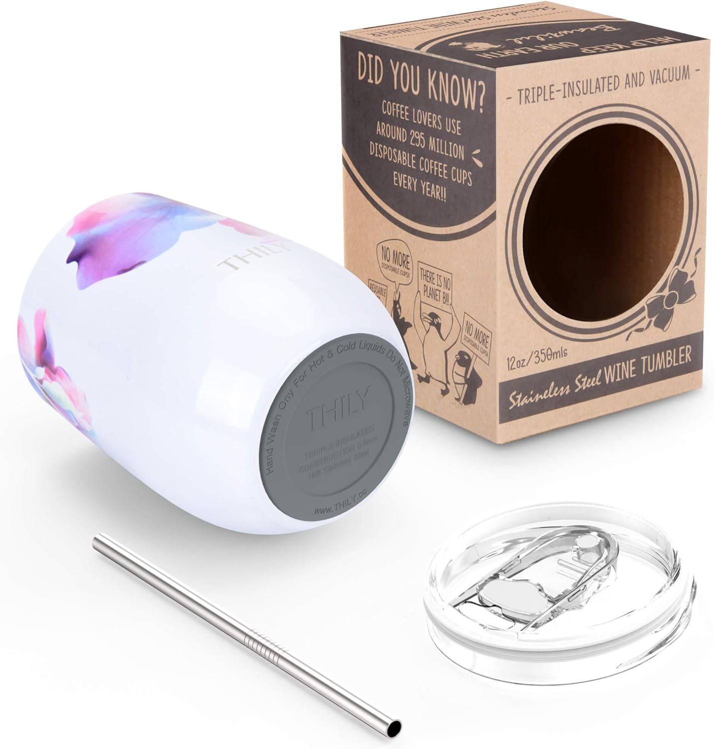 THILY Stainless Steel Insulated Wine Tumbler Stemless Wine Glass with Lid and Straw, Splash-proof, Cute Travel Cup for Coffee, Cocktails, Christmas Gift for Women, Mother, Wife, Girls, Pink Lilies - Image 4